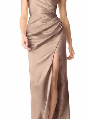 Azazie Satin Taupe Evening Gown with High Thigh Slit